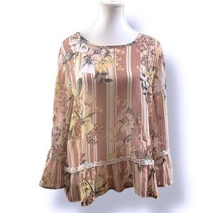 Melissa Paige Floral Blouse Sheer Striped Ruffle Hem Bohemian Boho Chic Large